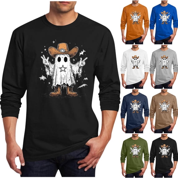 Stamzod Halloween Shirts for Men Long Sleeve Crew Neck T-Shirts Casual Loose Workout Tee Shirts Mens Fashion Clothing XL