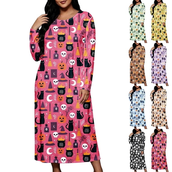 Stamzod Halloween Sleep Shirts for Women Loose Casual Crewneck House Dress Plus Size Fashion Print Long Sleeve Nightgown XXXL