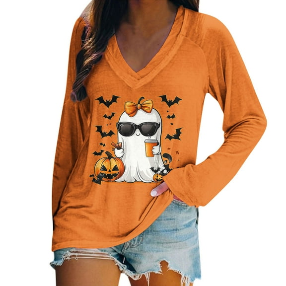 Stamzod Halloween Tops for Women Trendy Funny Pumpkin Graphic Tee Shirts Fall Casual V-Neck Long Sleeve Shirts for Women Orange B L