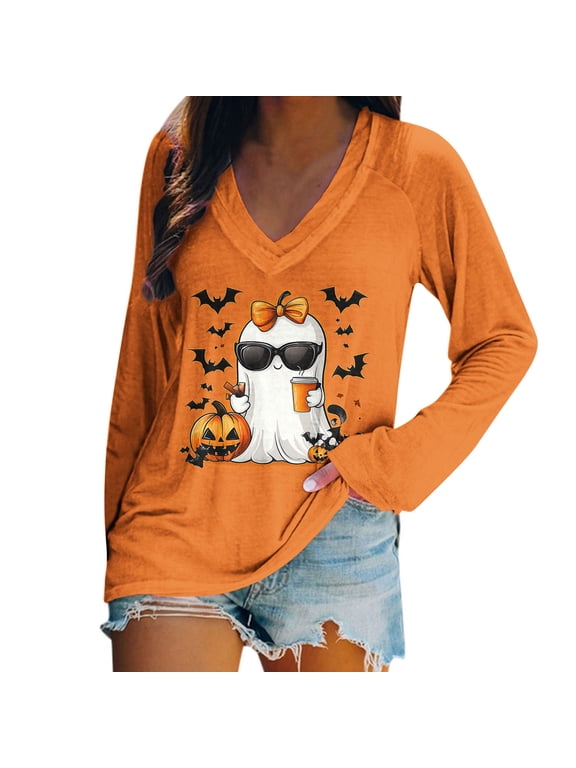 Halloween Tops for Women Trendy Funny Pumpkin Graphic Tee Shirts Fall Casual V-Neck Long Sleeve Shirts for Women Orange B L