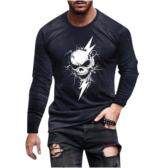 Stamzod Halloween Tshirts Shirts for Men Casual Round Neck Long Sleeve Graphic Tees Men Oversized Shirt Fashion Clothing Navy F L