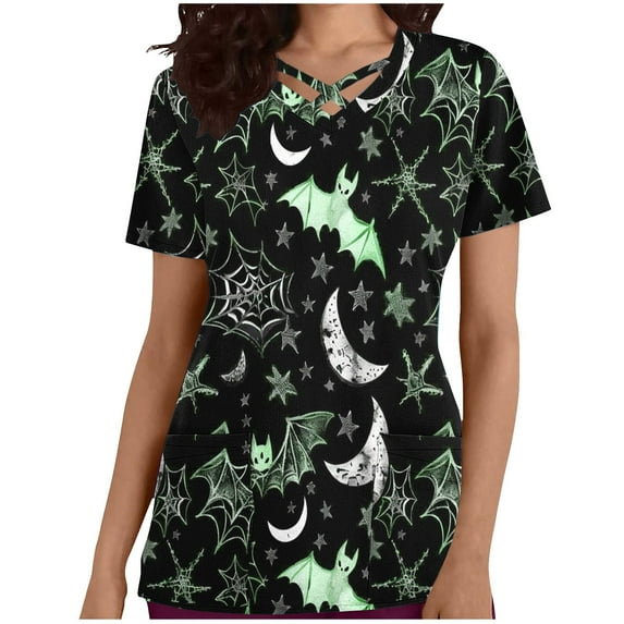 Stamzod Halloween Womens Tops Short Sleeve V Neck Scrub Work Uniforms Slim Funny Print Blouses Shirts Graphic Tees for Women with Nursing Pockets on