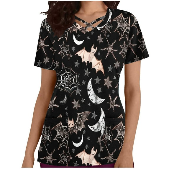 Stamzod Halloween Womens Tops Short Sleeve V Neck Scrub Work Uniforms Slim Funny Print Blouses Shirts Graphic Tees for Women with Nursing Pockets on Sale
