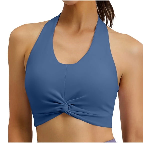 Stamzod Halter Crop Tank Tops for Women - Open Back Padded Longline Sports Bras Crisscross Yoga Workout Shirts Navy M