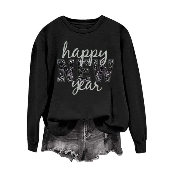 Stamzod Happy New Year Sweatshirts for Women Loose Casual Long Sleeve Pullover Tops Womens New Year Eve Holiday Shirts Black C XL