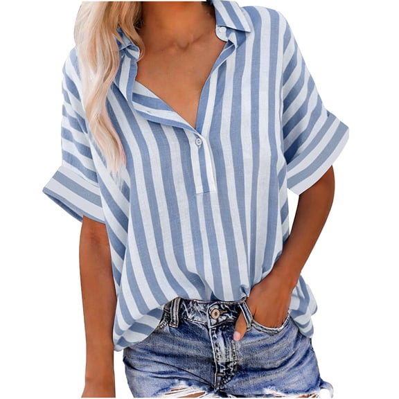 Stamzod Summer Shirts for Women Fashion Striped Imitation Cotton Linen Shirt Casual Short Sleeve Collared Blouses Beach Vacation Clothes for Women Blue XXL