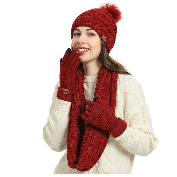 Stamzod Hat Gloves Scarf Socks Set Women - 4 Piece Winter Glove Long Scarf Neck Hat Warm Socks for Women Cold Weather Wine D Free Size