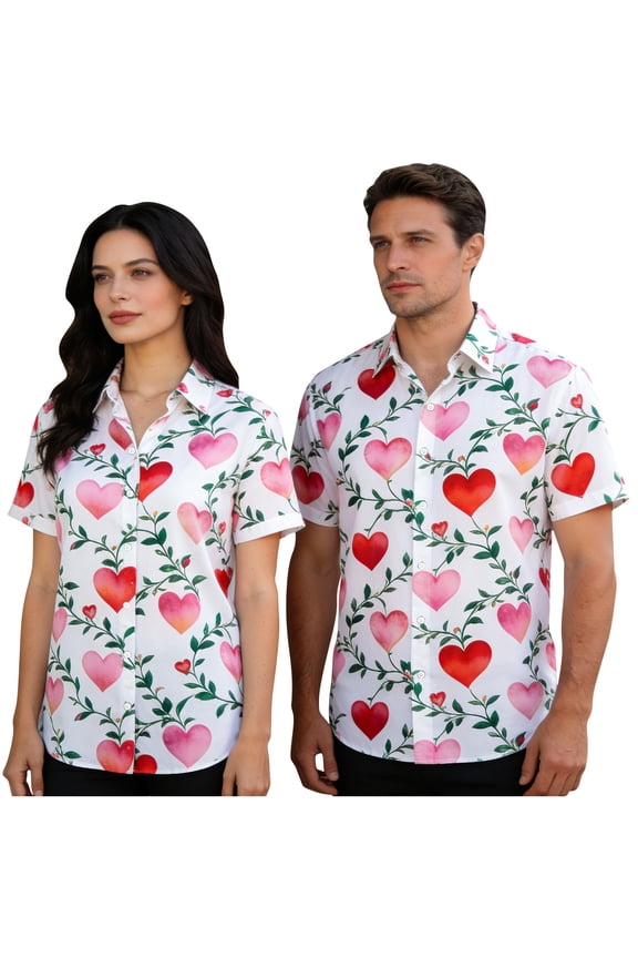 Hawaiian Matching Shirts for Couples 2026 Fashion Lover Heart Print Summer Beach Shirt His And Hers Valentines Short Sleeve Shirts White D XXXXXL