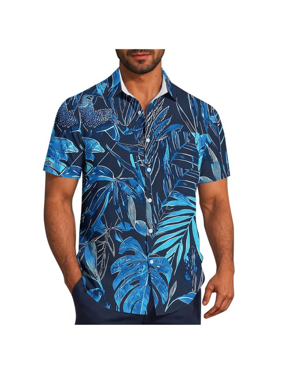 Hawaiian Shirt for Men Palm Beach Shirts Tropical Vacation Clothes Summer Tops for Men Plus Size Men's Clothing Blue FF XXL