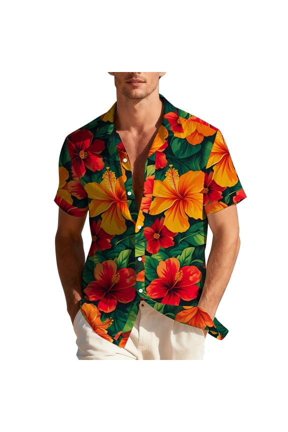 Hawaiian Shirt for Men 2026 Summer Beach Short Sleeve Shirts Floral Print Casual Button Up Shirt Men Plus Size Clothes Multicolor W L