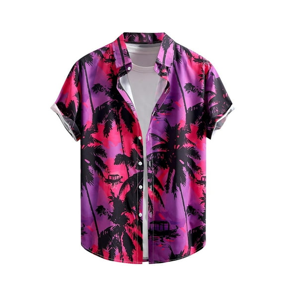 Stamzod Hawaiian Shirt for Men Summer Beach Casual Short Sleeve Button Down Shirts Oversized Printed Tropical Vacation Shirts Purple XXL