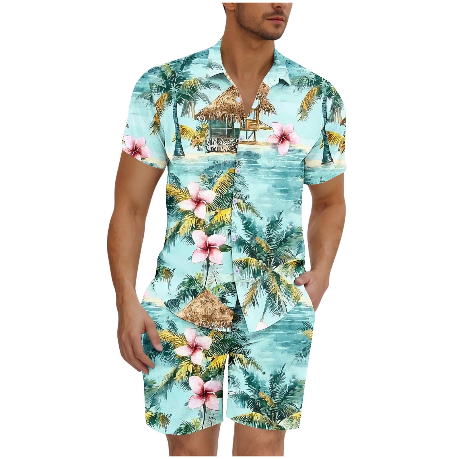 URRU Mens 2 Piece Outfits Summer Fashion Short Sleeve Shirt And Shorts Set Beach Tropical Vacation Outfits Sets, A-white, Small