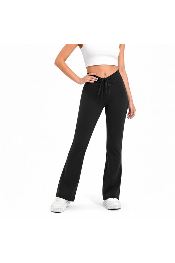 High Waisted Flare Leggings for Women - Tummy Control Yoga Pants Drawstring Workout Gym Leggings Black XL