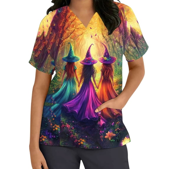Stamzod Holiday Scrub Tops Women Halloween Printed Short Sleeve Nursing Shirts with Pocket Workwear