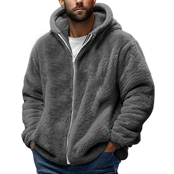 Stamzod Hooded Jacket for Men Solid Color Long Sleeve Fleece Black Jacket Men Casual Oversized Winter Coats with Pocket Dark Gray-2 L