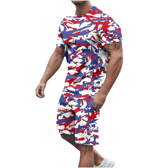 Stamzod Independence Day Mens Short Sets 2 Piece Outfit Fashion Summer Usa Flag Print Tracksuits Casual Short Sleeve Shirt and Shorts Set