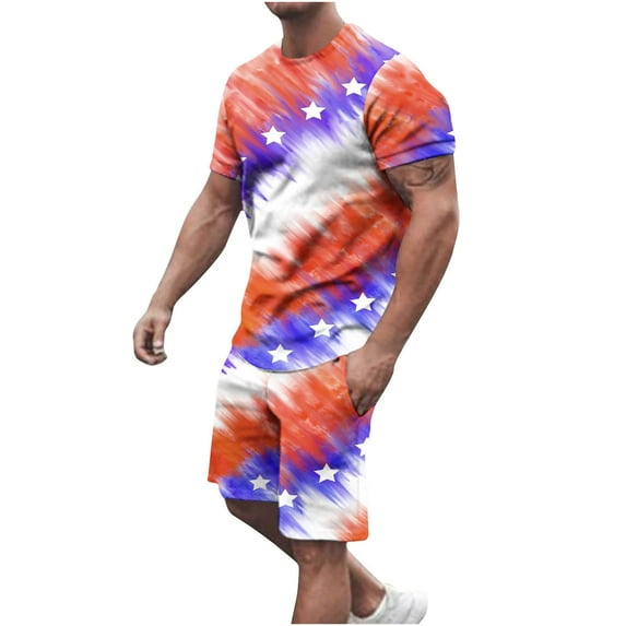 Stamzod Independent Day Mens Short Sets Clearance Plus Size 2 Piece Outfit Fashion Summer Tracksuits Casual Short Sleeve T Shirt And Shorts Joggers Set