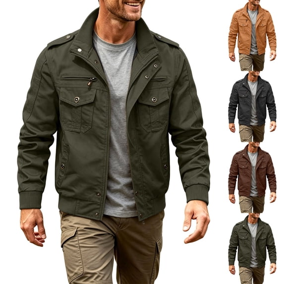 Stamzod Jackets for Men Fashion Vintage Long Sleeve Zip Up Jacket Casual Outdoor Work Windbreaker with Pocket Coffee C XXXL