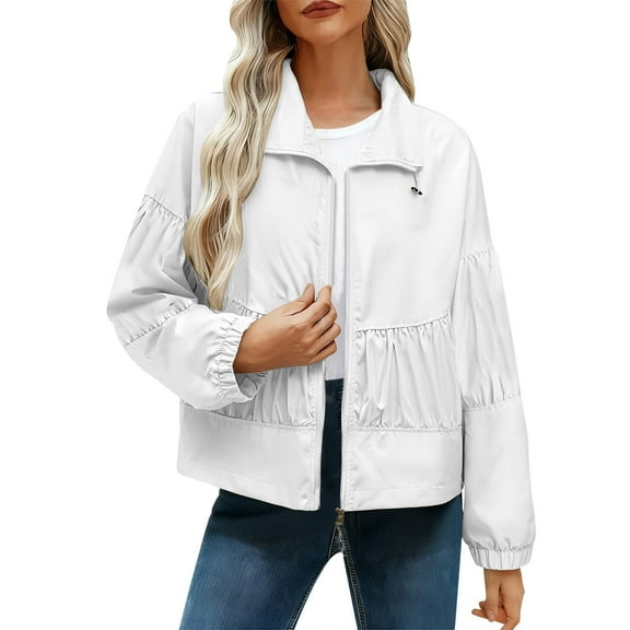 Stamzod Jackets for Women Casual Long Sleeve Light Weight Jackets Womens Fall Fashion Ruched Cropped Jacket Coats White S