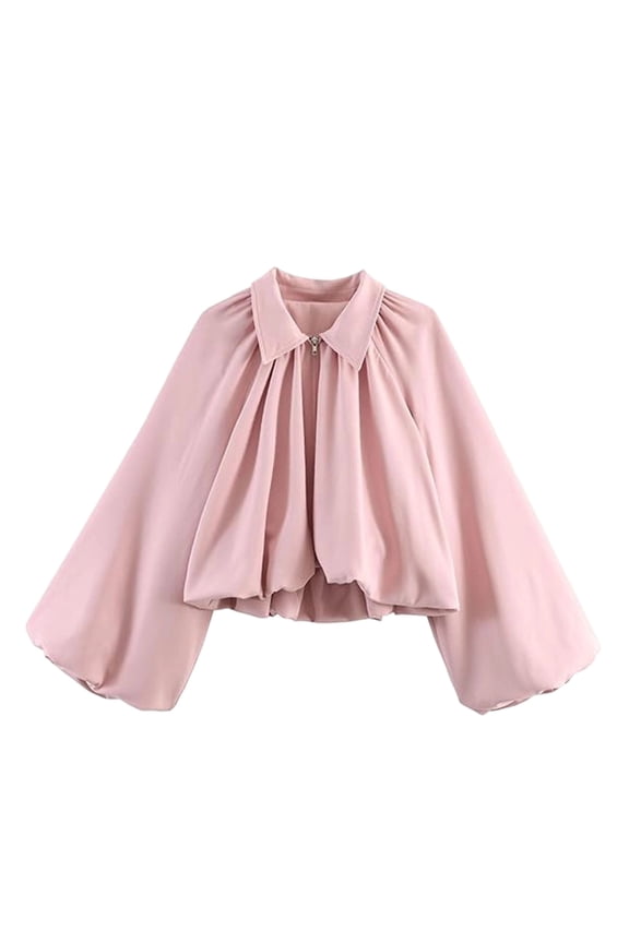Jackets for Women Fall Winter Balloon Long-Sleeve Bomber Jacket Women Collared Pleated Zip Up Coat Pink S