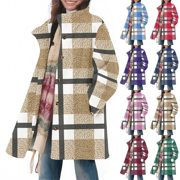 Stamzod Jackets for Women Fashion Plaid Stand Collar Long Sleeve Winter Jacket with Pocket Mid Length Casual Warm Coats for Women Light Blue D M