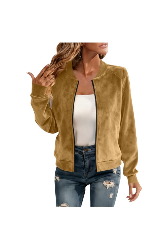Jackets for Women Solid Color Long Sleeve Bomber Jacket Women Casual Zip Up Coat Outerwear with Pocket Gold B M