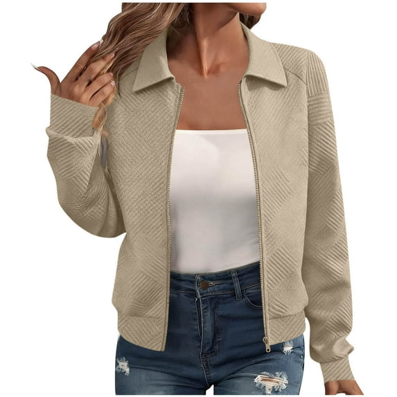 Stamzod Jackets for Women Solid Color Turndown Long Sleeve Bomber Jacket Women Casual Work Outerwear Coats with Pocket Khaki-1 M