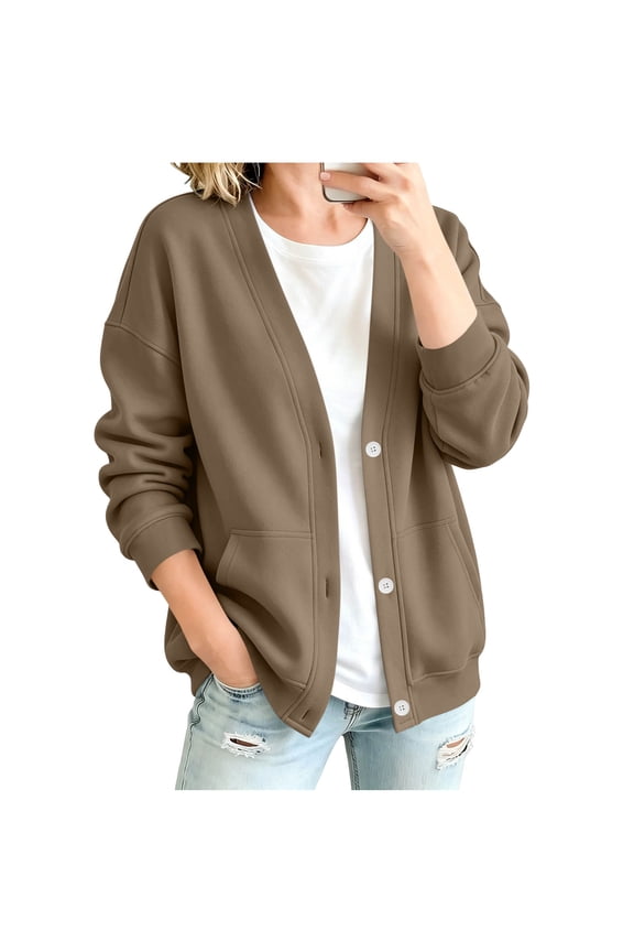 Jackets for Women Trendy Casual Loose V-Neck Long Sleeve Button Down Jacket Cardigans Fall Winter Coats for Women Brown B XXL