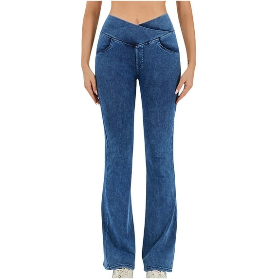 Stamzod Jeans for Women Stylish Solid Vintage High Waisted Long Flared Denim Casual Trousers for Women on Clearance