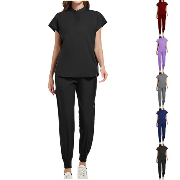 Stamzod Jogger Scrubs for Women Set 2 Piece Solid Color Short Sleeve Pullover Top Blouses and Sweatpants Set Women's Fashion Casual Nurse Scrubs Set Gray M