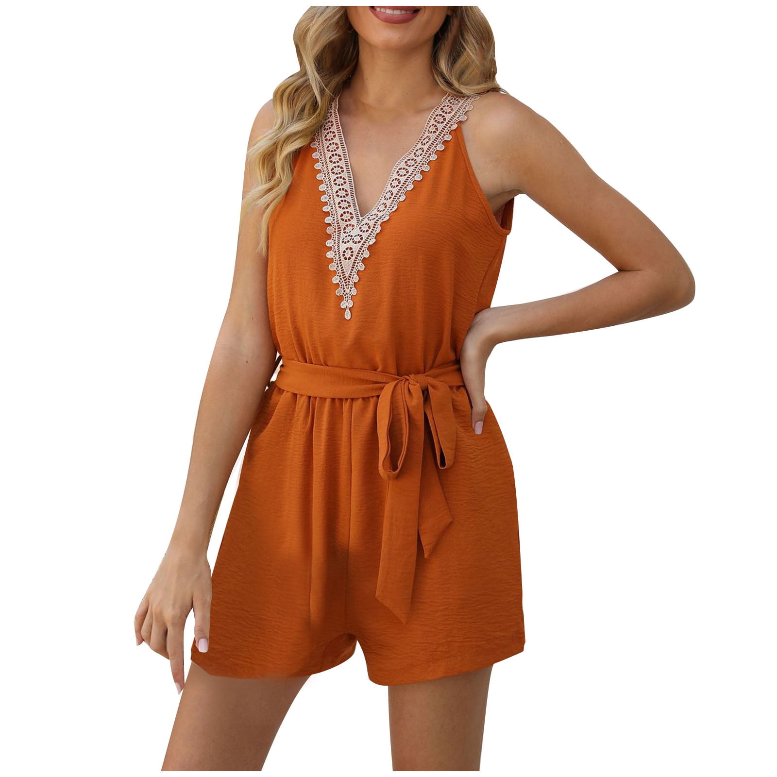 Women's Deep V Neck Rompers Wide Leg Belted Loose Jumpsuits One Piece Long  Pants | eBay