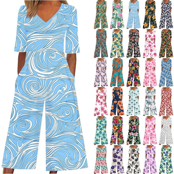 Stamzod Jumpsuits for Women 2026 Summer Floral Overalls Short Sleeve Wide Leg Pants Rompers with Pockets One Piece Outfits Green D L