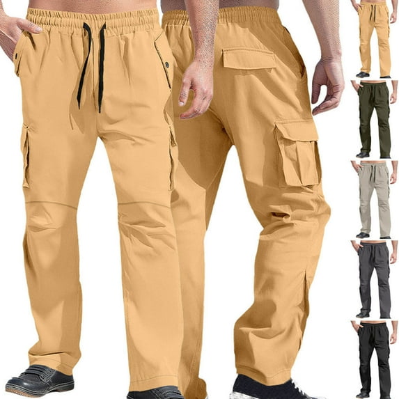 Stamzod Khaki Pants Mens Solid Color Elastic Waist Work Pants with Pocket Casual Drawstring Cargo Pants for Men Yellow-4 XXL