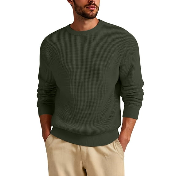 Stamzod Knitted Sweater for Men Solid Color Round Neck Pullover Sweaters Tops Fall Warm Long Sleeve Shirts for Men Army Green-2 XL