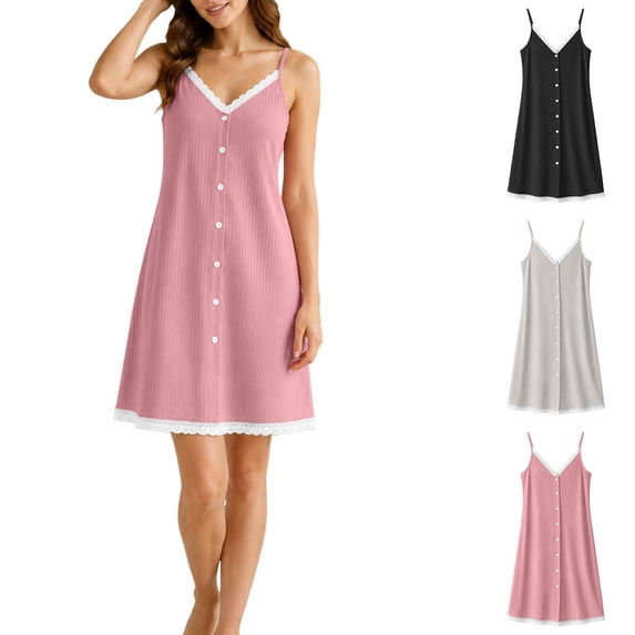 Stamzod Ladies Nightgowns V Neck Button Up Pajamas Dress Lace-Trimmed Camisole Sleep Shirts for Women XL