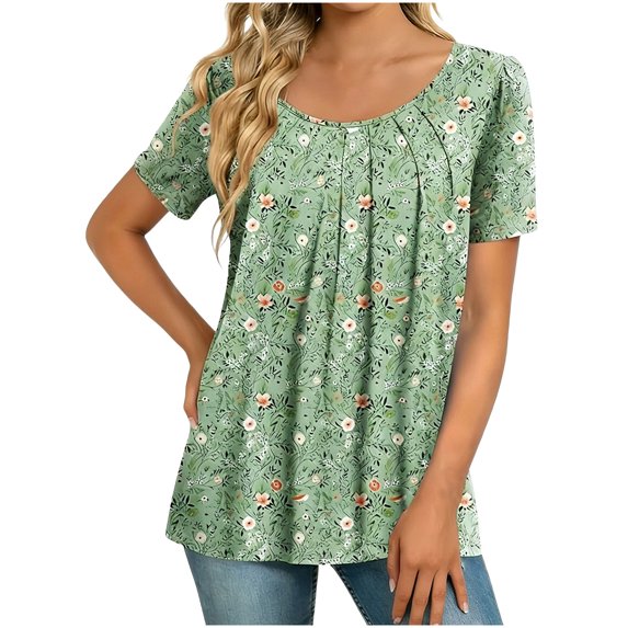 Stamzod Ladies Tops and Blouses Summer Outfits 2026 Short Sleeve Ruched Casual Floral Shirt Crew Neck Loose Flowy Shirts for Women Green B M