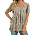 thumbnail image 1 of Stamzod Ladies Tops and Blouses Summer Outfits 2026 Short Sleeve Ruched Casual Floral Shirt Crew Neck Loose Flowy Shirts for Women Khaki L, 1 of 8