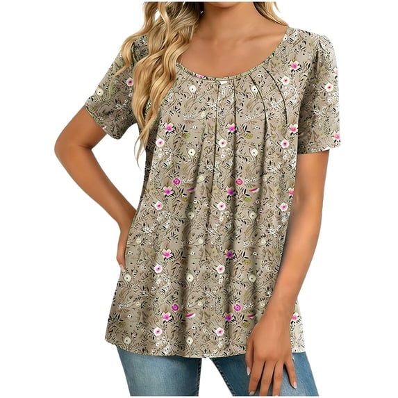 Stamzod Ladies Tops and Blouses Summer Outfits 2026 Short Sleeve Ruched Casual Floral Shirt Crew Neck Loose Flowy Shirts for Women Khaki L