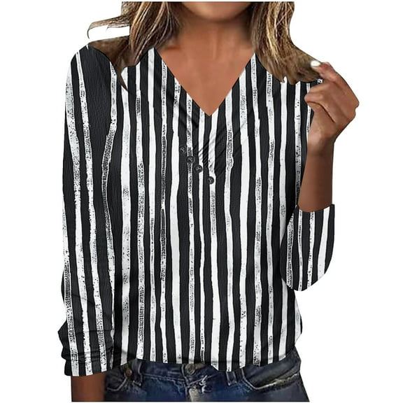 Stamzod Ladies Tops and Blouses Women's Fashion Strip Printed Long Sleeve Dressy Work Top Fall Clothes for Women 2025 Black C XXL