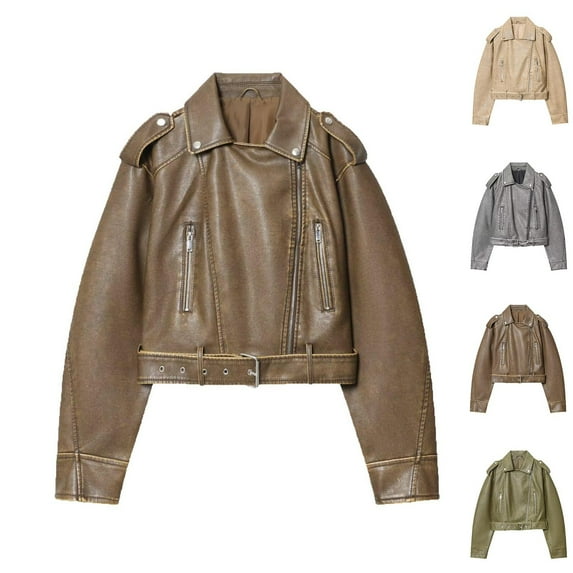 Stamzod Leather Jackets for Women Solid Color Turndown Long Sleeve Bomber Jacket Women Casual Windbreaker Coat with Pocket Khaki-3 M