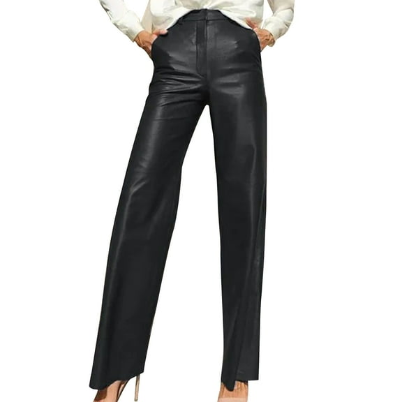 Stamzod Leather Pants for Women Solid Color High Waisted Straight Trousers with Pocket Trendy Fashion Vintage Work Slacks for Women Business Casual Black C M