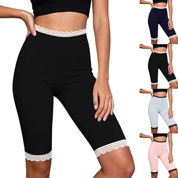 Stamzod Leggings for Women Tummy Control Lace Patchwork Slim Fit Yoga Pants Women Knee Length High Waisted Leggings Light Blue S