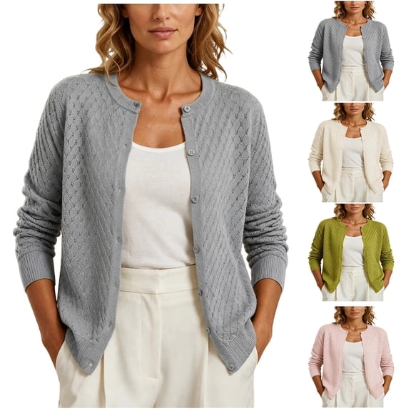 Stamzod Lightweight Cardigans for Women Fall Fashion Crew Neck Button Up Cardigan Sweater Long Sleeve Cotton Knit Cardigan