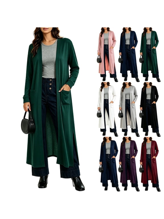 Long Cardigans for Women Long Sleeve Open Front Dressy Work Cardigan Flowy Casual Split Cardigans with Pocket