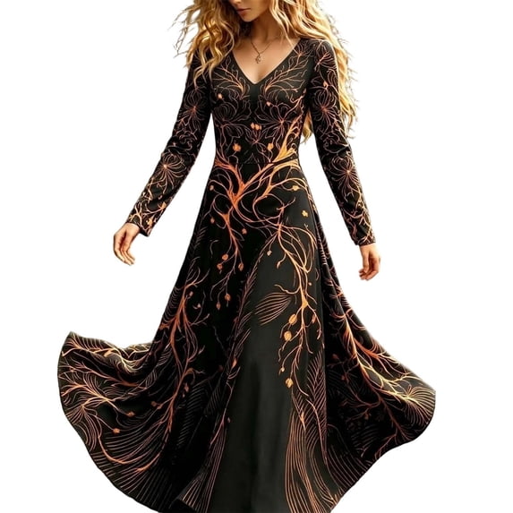 Stamzod Long Dresses for Women Halloween Printed V Neck A Line Party Wedding Dress Plus Size Fashion Fall Dresses
