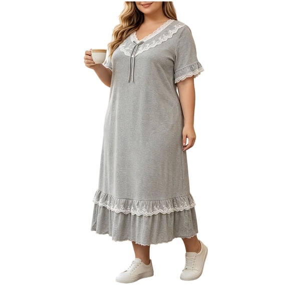 Stamzod Long Nightgowns for Women Plus Size Fashion Cute Lace Ruffled Versatile Night Gown Casual Loose Short Sleeve Pajama Dress XXXXL
