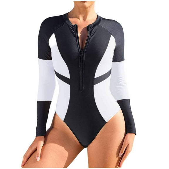 Stamzod Long Sleeve Bathing Suit for Women One Piece Front Zip Diving Suit Patchwork Sun Protection Swimsuit for Women Black XL