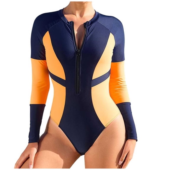 Stamzod Long Sleeve Bathing Suit for Women One Piece Front Zip Diving Suit Patchwork Sun Protection Swimsuit for Women Orange XL