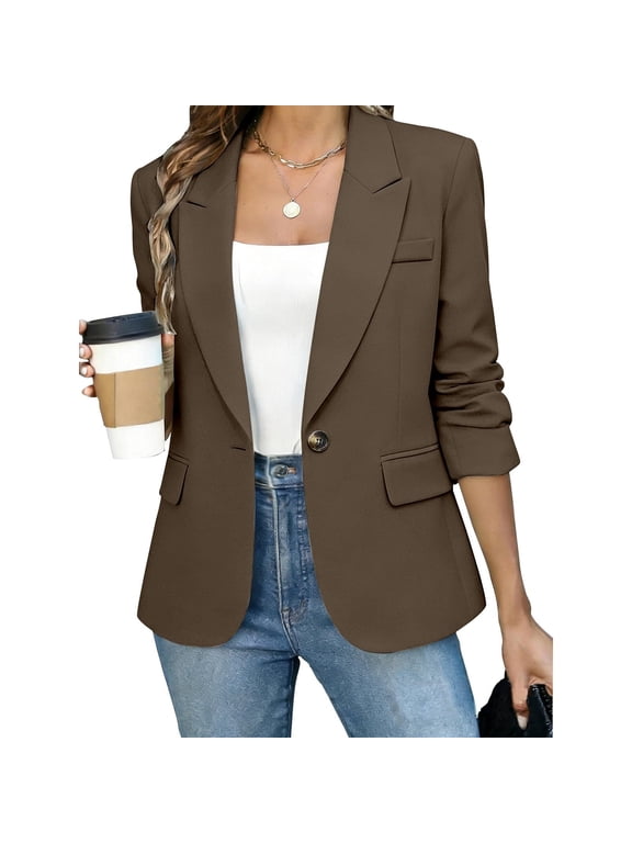 Long Sleeve Blazers for Women Trendy 2026 Business Casual Dress Jacket Open Front Lapel Work Office Blazer Coffee M