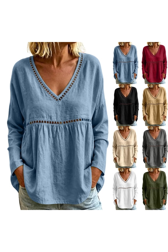 Long Sleeve Blouses for Women Dressy Casual V Neck T Shirts Cotton Linen Hollow-Out Vacation Beach Tops Blue C XL
